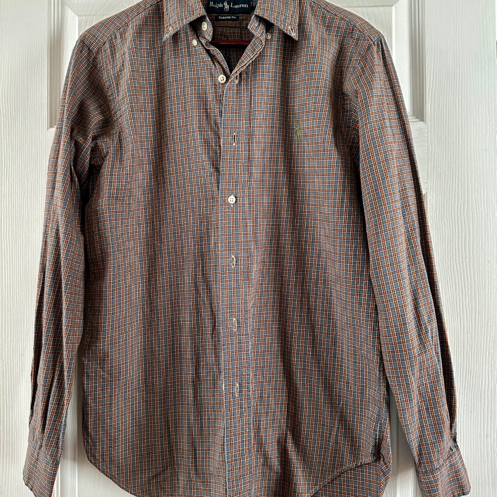 Polo Ralph Lauren Mens Blue Orange Plaid Button Down Long Sleeve Shirt Small EUC